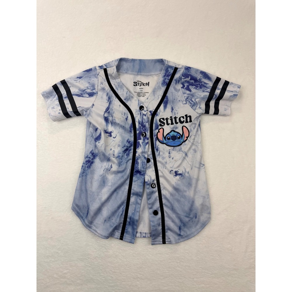 Disney Stitch Kids Baseball Jersey Blue Marble Tie Dye Button Up Size 7/8